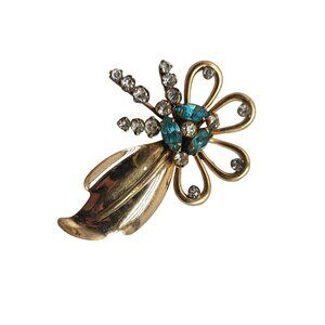 Vintage 12k Gold Filled Phyllis Flower Brooch With Blue Clear Rhinestones